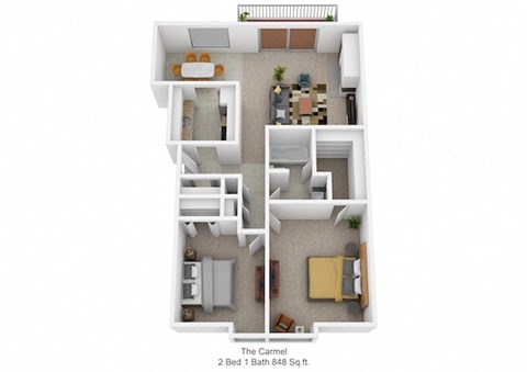 Floor plan for 2 beds, 1 bath, 848 sqft